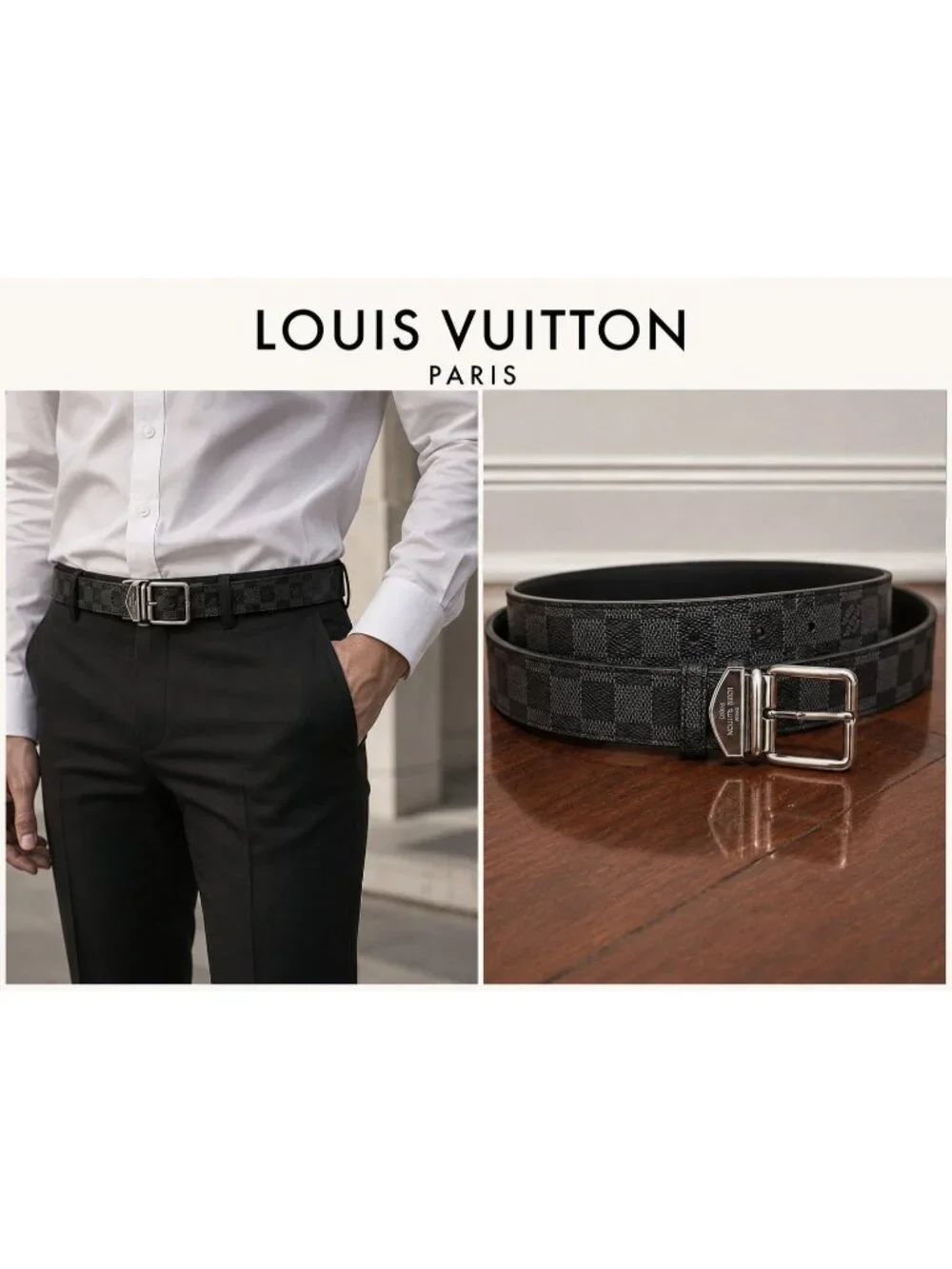 Louis Vuitton M9708 Damier Graphite Men’s Belt Black Silver Buckle Size 90/36